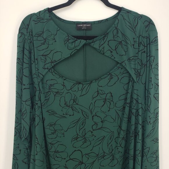 Lane Bryant Floral Print Keyhole Cut Out Blouse Top 22 Long Sleeves Green Black - Picture 4 of 9
